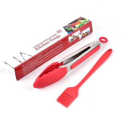 China Viable Silicone Cooking Baking BBQ Tong And Brush Pastry Set Of 2 Kitchen Utensils Instruments for sale