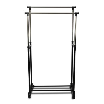 China Durable Factory Direct Iron Garment Stable Clothes Rack 2 Bar On Wheels for sale