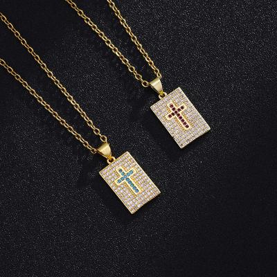 China FASHIONABLE Design 18k Religious Jewelry Bling Luxury Gold Plated Red Blue Red Blue Zircon Paved Cross Chain Necklace for sale