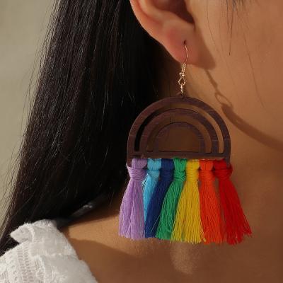 China New 2021 Trendy Boho Rainbow Wood Wire Drop Earrings Cute Handmade Colorful Earring Jewelry For Women for sale