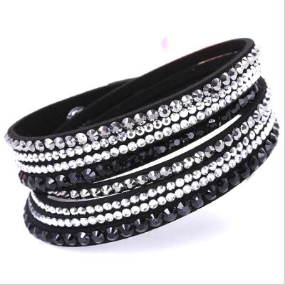 China High Quality Korean Vintage Velvet Jewelry Stud Wrapped Crystal Rhinestones Paved Fancy Multilayer Handmade PU Leather Bracelet for sale