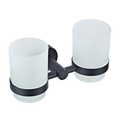 China Modern Black Bathroom Wall Mounted Simple Round Base With 2 Glass Mouthpiece Cups And Double Cup Holders for sale