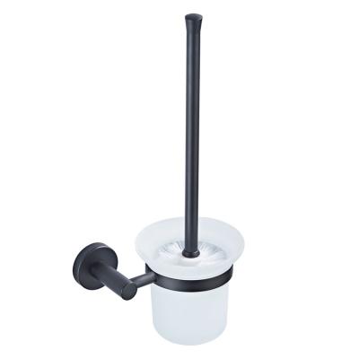 China Modern Black Wall Mounted Simple Round Base Bathroom Glass Cup Toilet Brush Holder for sale