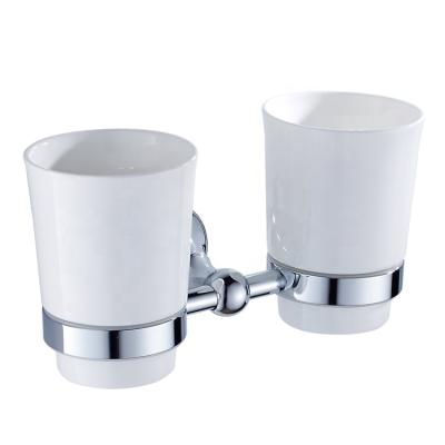 China Modern Chrome Plated Bathroom Mouthwash Cup Holder Flared Low Bracket Copper Ceramic Cup Wall Mounted Installation A6808 for sale