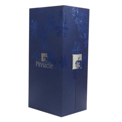 China Handmade Blue Liquor Packaging Two Glasses One Bottle 2 Piece Hinged Gift Box for sale