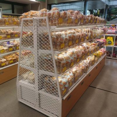 China OEM Supermarket Double Sided Wooden Shelf With PET Food Box Metal Bulk Display Stands For Grocery Store for sale