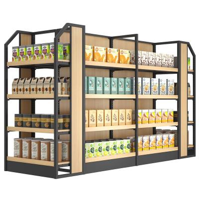 China MCZC heavy duty double sided wooden side metal shelving gondola shelf for supermarket and store shelves for sale