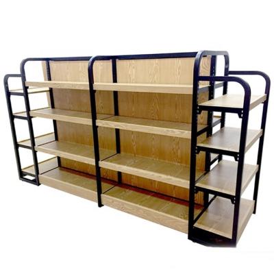 China MCZC Double Sided Double Sided Cold Rolled Steel With Wooden MDF Gondola Supermarket Display Shelves for sale