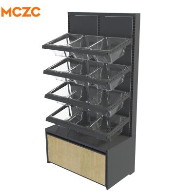 China OEM Double Sided Shop Bulk Foods Display Stand Supermarket Dry Food Nuts Candy Display Stand for sale