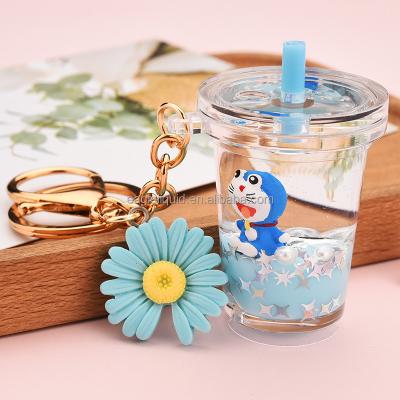 China 3D Plastic Blue Doraemon Floating Cute Milk Tea Liquid Tea Key Chain Glitter Cartoon Boba Key Chain for sale