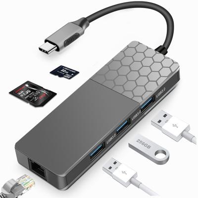 China Aluminum+ABS+PVC Amazon Hot Selling Multifunctional USB Typec Hub 6 in 1 USB C to RJ45 Gigabit Ethernet Hub Multiport Adapter with SD/TF Card Slots for sale