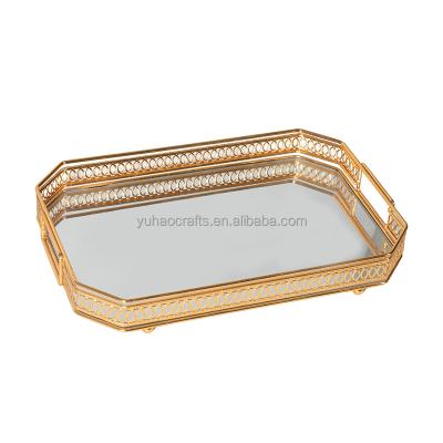 China Modern Wholesale Rectangle Gold Metal Mirror Glass Serving Tray for Home Decor with Handle for sale