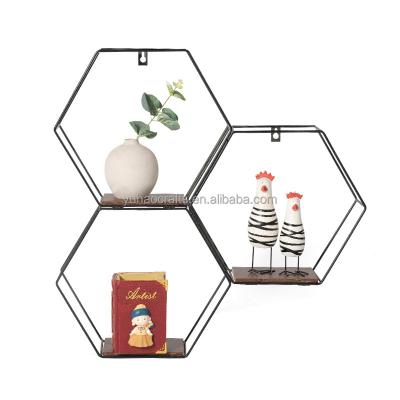 China Nordic Ins Nordic Style Hexagon Combination Metal Wooden Wall Hanging Storage Shelf For Home Storage Decoration Accessories for sale