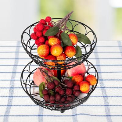 China Stocked 2-Tier vegetable and fruit holder display rack easy to assemble home decor kitchen iron wire fruit bowl for sale