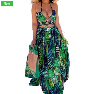 China Summer Anti-static Plus Size Halter Dress Fashion Print Swing Edge Skirt Women's Floral Long Skirt Dress for sale