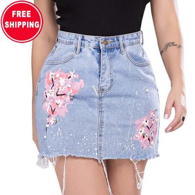 China Anti-static Women Printed Embroidered Short Skirt Denim Skirt Women's Summer Slim A-Line Skirt for sale