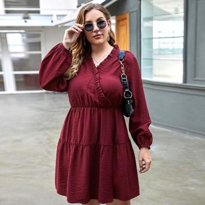 China Free Shipping Anti-wrinkle Puff Sleeve Mid Skirt Retro Women's High Waist 4XL Clothing Solid Color Plus Size Dress for sale