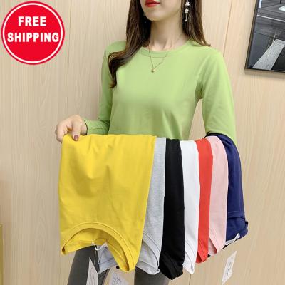 China Anti-Wrinkle Women's Basic Solid Sleeve T-Shirt Long Round Neck Plain Cotton Women's T-Shirt For Tops Female Tees for sale