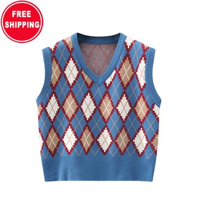 China Other Retro Short Vest Spring And Autumn Sweater Vest Check Woolen Vest Women Knitted Vest for sale