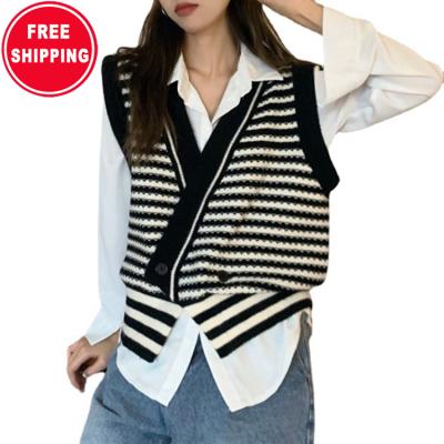 China Free Shipping Others Irregular Slit Striped Knitted Vest Women Autumn Loose Cardigan Vest New for sale