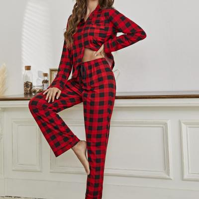 China 2021 Famous brand luxury designer red buffalo plaid cotton pajamas QUICK DRY red women drop shoulder sweater and sweatpants for sale