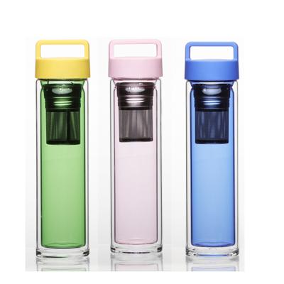 China Viable Colored Borosilicate Double Wall Tea Infuser Glass Water Bottle for sale