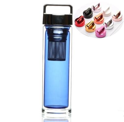 China Sustainable Double Wall Blue Glass Water Bottle With Gold Lid for sale