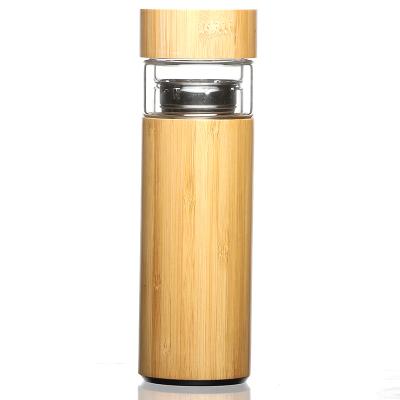 China Large Sustainable Reusable Glass Drinking Tea Bottle With Infuser Lid Glass Bamboo Water Bottle for sale