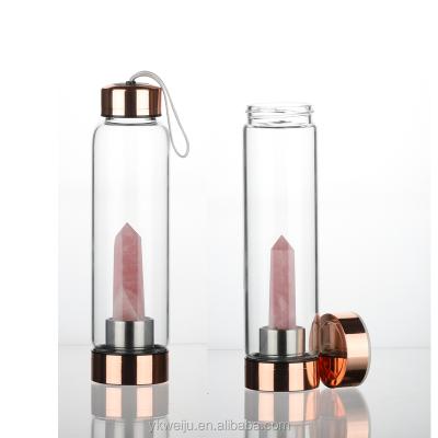 China Energy Elixir Quartz Gem Crystal Glass Viable Healing Water Bottle With Rose Gold Lid for sale