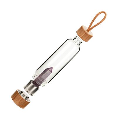 China Viable Elixir Healing Wand Gem Crystal Glass Water Bottle With Natural Bamboo Lid for sale