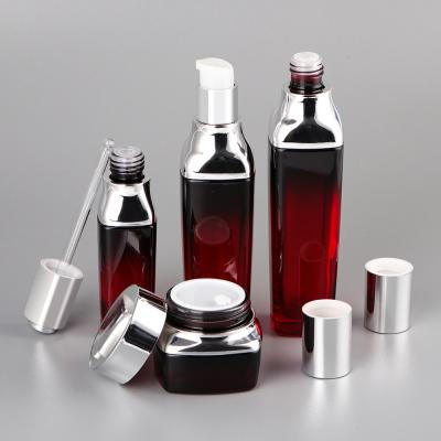 China New 35Ml 50Ml 100Ml 120Ml Glass High Red Silver Gradient Skin Care Pump Cap Qiality Cosmetic Jars And Bottles Set Luxury Skin Care Packaging for sale