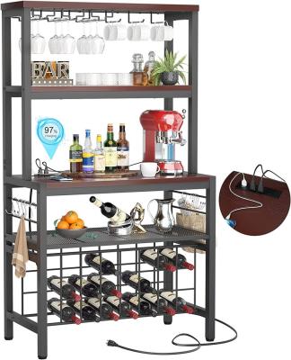 China Sustainable Freestanding Wood Metal Wine Bottle Shelves Rack Liquor And Glasses With Power Outlet Bar Cabinet for sale