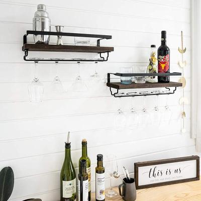 China Sustainable Wood Rustic Wine Bottle Glass Floating Shelf Modern Plants Photos Wine Display Storage Holder Wall Mounted Wine Rack for sale