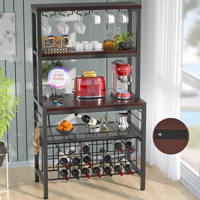 China Sustainable Kitchen Living Room Multifunctional Bar Shelf Durable Wood Metal Wine Bottle Standing Rack for sale