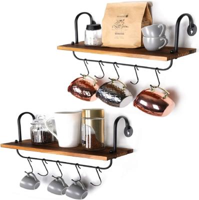 China Sustainable Kitchen Bathroom Coffee Floating Wall Shelves With 10 Adjustable Hooks Rustic Storage Shelves for sale