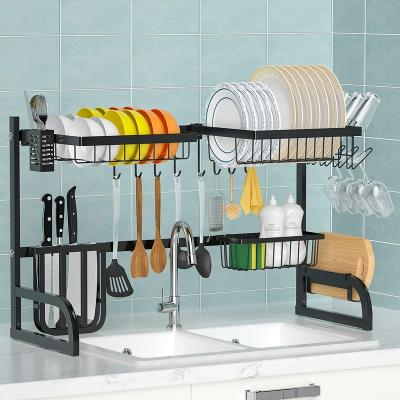 China Sustainable Adjustable Length Saver Shelf For Kitchen Organizer Storage 2-tier Large Stainless Steel Dish Drying Rack for sale