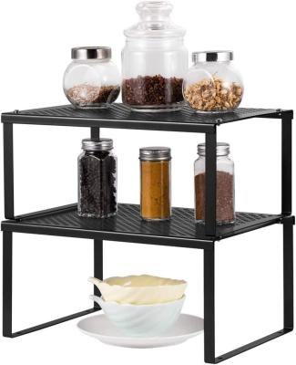 China Sustainable Manufacturer Wholesale Expandable Stackable Black Metal Kitchen Cabinet Counter Shelf Organizer for sale