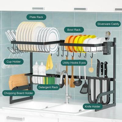 China Sustainable Good Quality Adjustable Length Kitchen Storage Organizer Double Tiers Stainless Steel Dish Drying Rack for sale