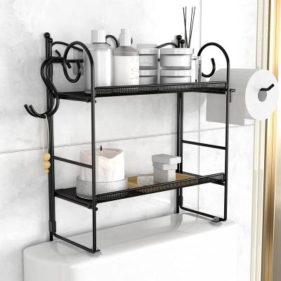 China Sustainable Black 2 Tier Bathroom Organizer Storage Shelf Folding Toilet Storage Rack With Hooks Paper Holder for sale