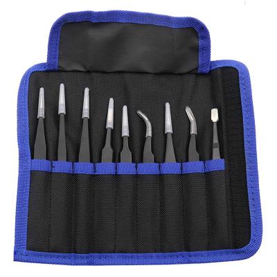 China 9pcs Precision Stainless Steel Industrial Tweezers Set Maintenance Tools Industrial Precision Curved Straight Repair Tool for sale