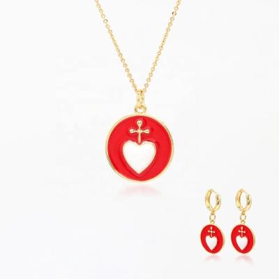 China FASHIONABLE Wholesale Jewelry Sets Enamel 18K Gold Plated Red Heart Earrings Necklace for sale