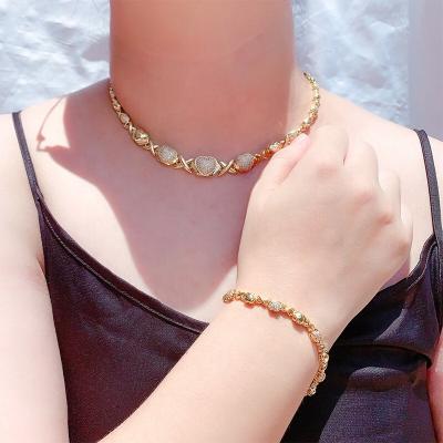 China Environmental Friendly Spanish Rhinestone Heart Shape Brass Necklace Styles Bracelet Necklace Cuban Jewelry Set for sale