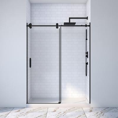 China Modern Matte Black Polish Chrome Brushed Stainless Steel Finish 8mm 10mm Single Frameless Tempered Glass Bathroom Sliding Glass Shower for sale