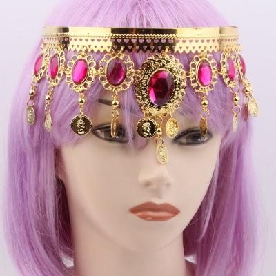 China Middle East Metal Bling Wedding Bridal Headpiece Gold Coin Drop Headdress With Resin Pink Diamond for sale