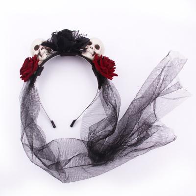 China Polyester Fashion Flower Embellished Rose Skull Circle Band Women's Bun Headband Hair Accessories Halloween Hairband Kids For Women for sale