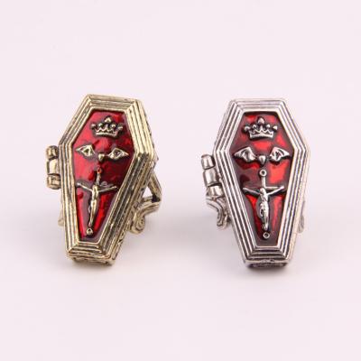 China The New Vintage Lead Free Nickel Free Antiqued Magnetic Silver Bronze Metal Coffin Halloween Ring Oil Drip Flip Open Crucifix Magnetic Ring for sale