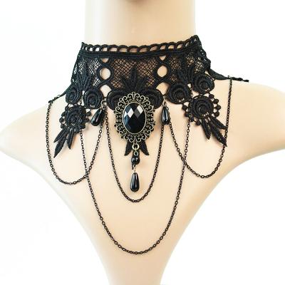 China Women Jewelry Neo-Gothic Lolita Black Lace Choker With Chain And Drop for sale