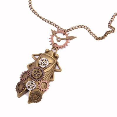 China 2021 Hot Sale Cicada Party Fashion Copper Plated Steampunk Antique Alloy Gears On Cicada Insect Pendant With Clock Necklace for sale