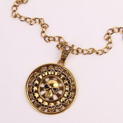 China Wholesale Fashionable Alloy Hip Hop Pirate Skull Heads Antique Gold Skull Coin Alloy Necklace for sale