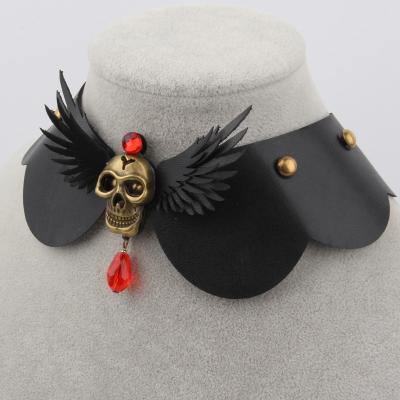 China Black Leather Skull Alloy Skull Wings Vintage PU Women Lead Nickel Free With Gem Necklace Halloween Costume Accessory Red for sale